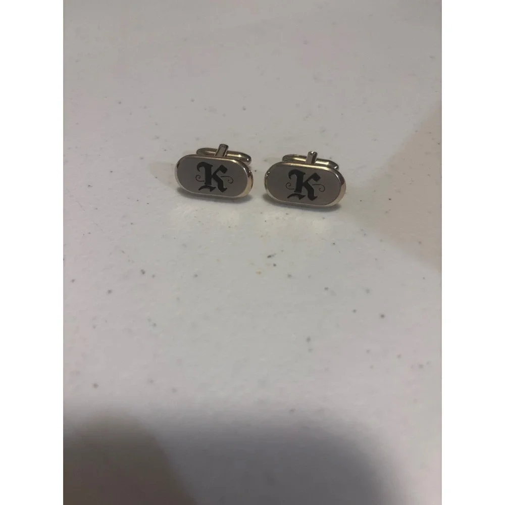 Vintage Silver Tone Monogram Letter K Cufflinks Old English Script Formal Wear